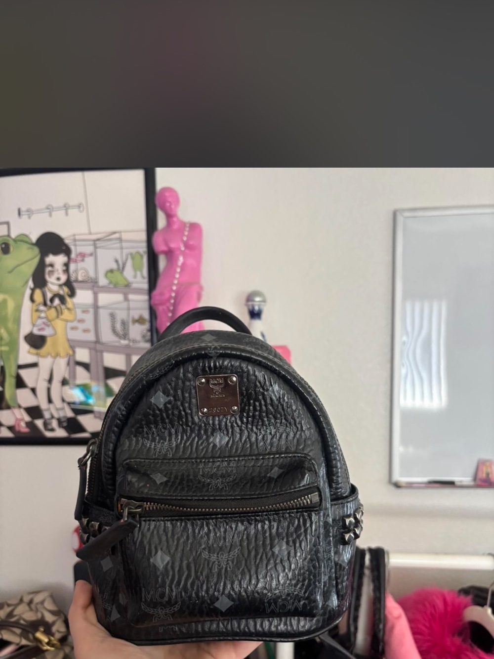 MCM Black Textured Mini Backpack with Logo Plaque